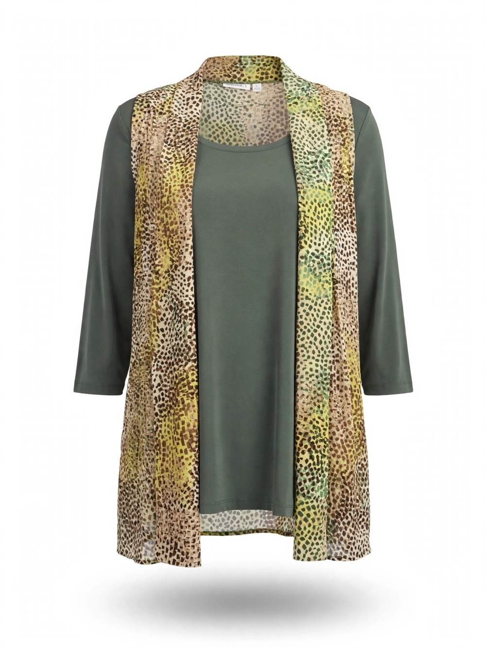 Susan Graver Olive Green Tunic with Leopard-Print Sheer Overlay